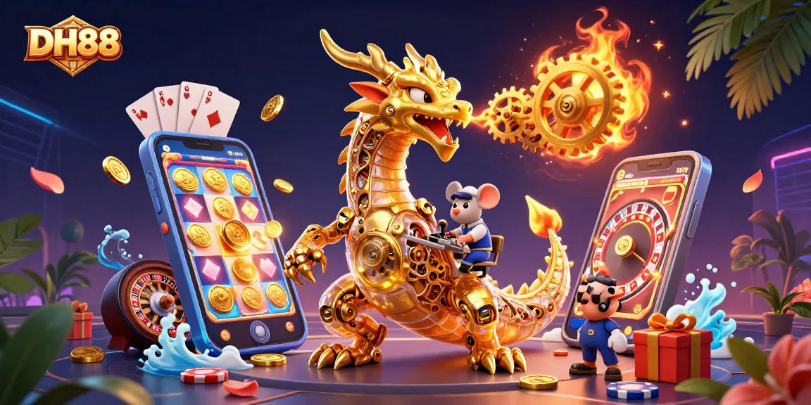 Bet on exciting slot games at DH88 featuring dynamic golden dragon elements and vibrant casino graphics.