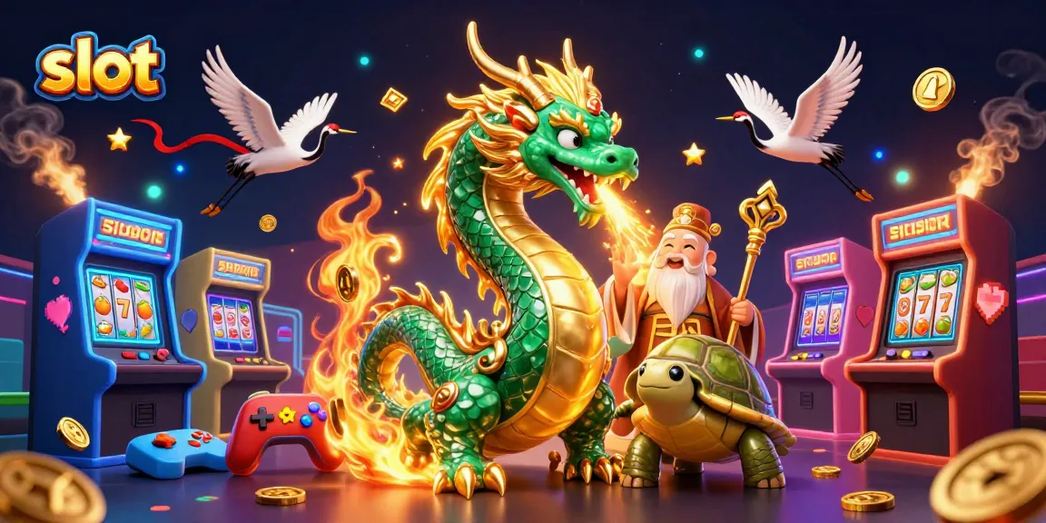Slot berputar dengan keberuntungan, naga hijau zamrud bernapas api emas, dan simbol jackpot berkilauan.