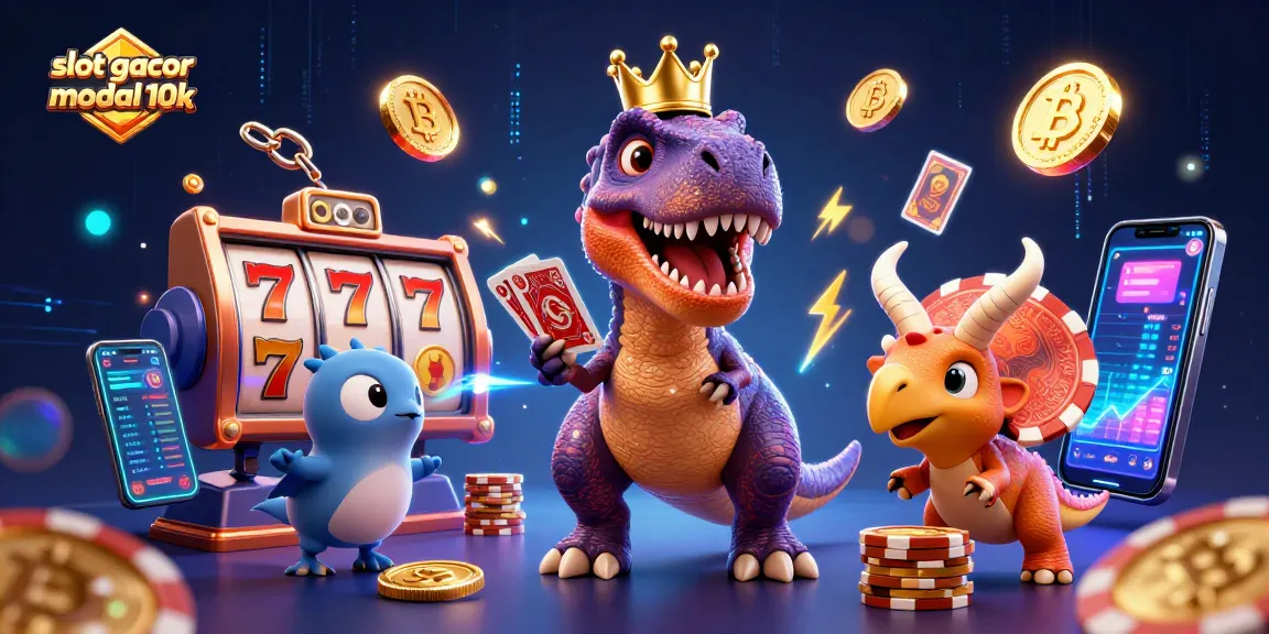 Engage with slot gacor modal 10k as cartoon dinosaurs shuffle cards and stack chips in a vibrant casino setting.