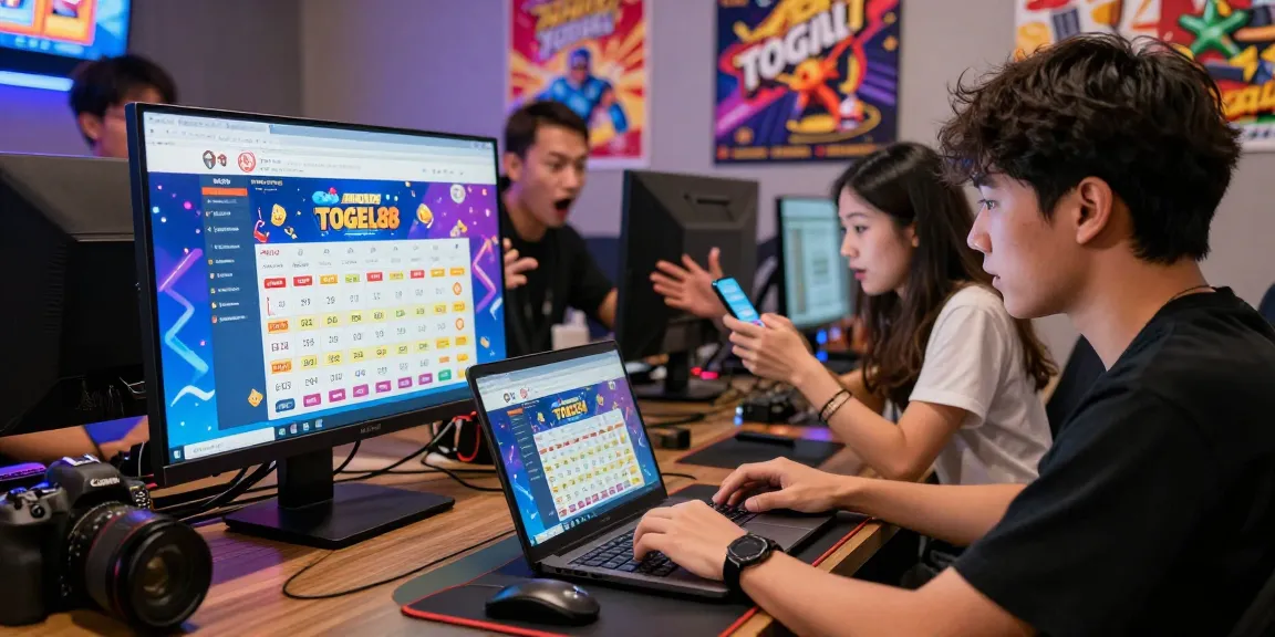 Exciting scene of players engaging with Pasaran Togel Terlengkap on laptops and smartphones in a vibrant gaming environment.