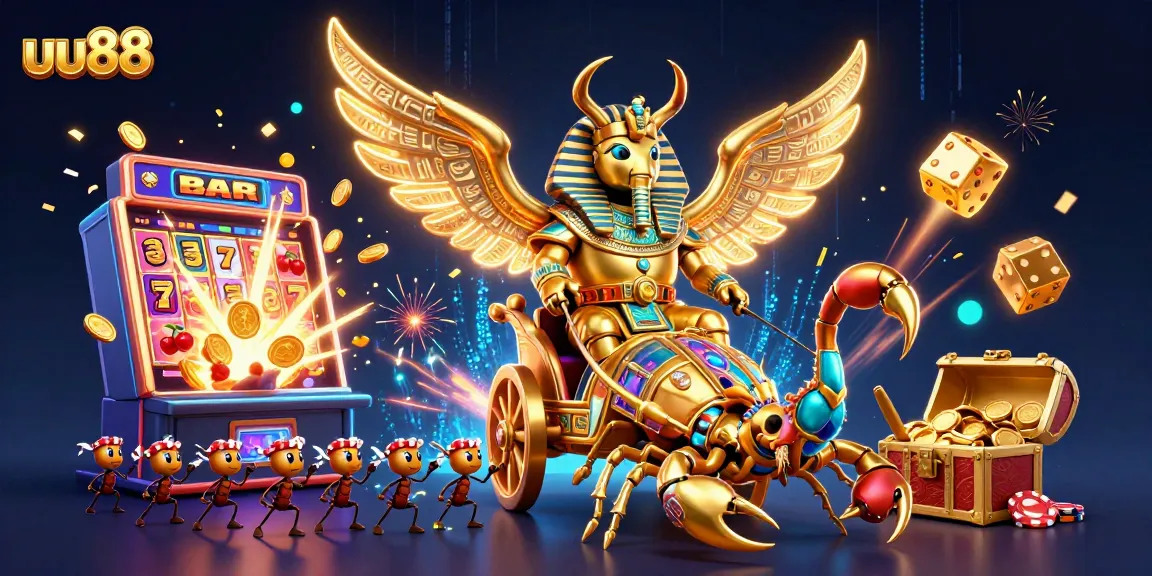 Engaging scene with the uu88 brand showcasing a golden scarab beetle with scorpions, slot machine explosion, and vibrant casino elements.