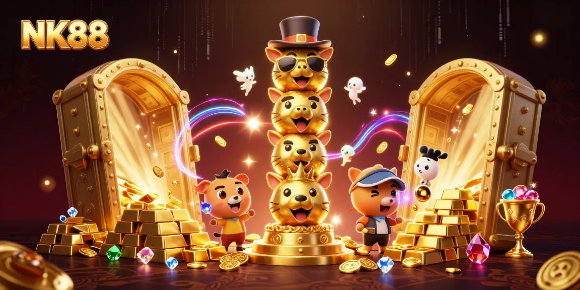 Experience the vibrant casino world of NK88 with dynamic visuals of animated treasures and a golden totem.
