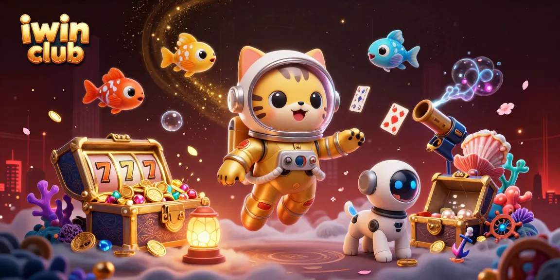 Engage with iwin club's dynamic gaming universe featuring an astronaut cat and treasures.