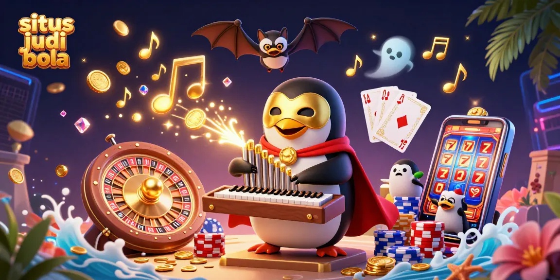 Engage in situs judi bola with a dynamic illustration featuring a penguin playing an organ while golden coins cascade.