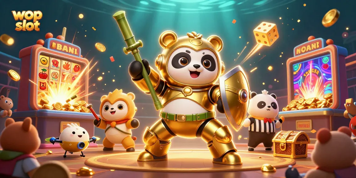 Menangkan wop slot dengan ilustrasi 3D kartun mendetail, menunjukkan slot dan simbol keberuntungan.