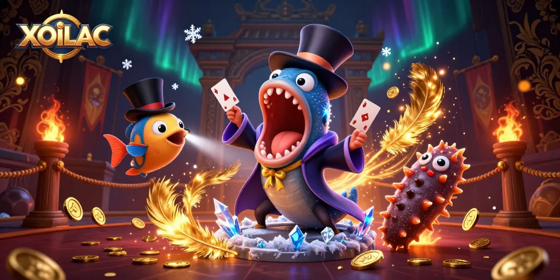 Engage with XOILAC’s thrilling card tricks performed by deep-sea creatures in a vibrant underwater casino scene.