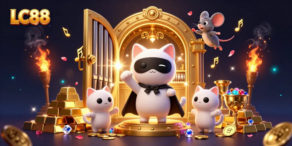 LC88's vibrant casino scene featuring animated characters surrounded by treasures and excitement.