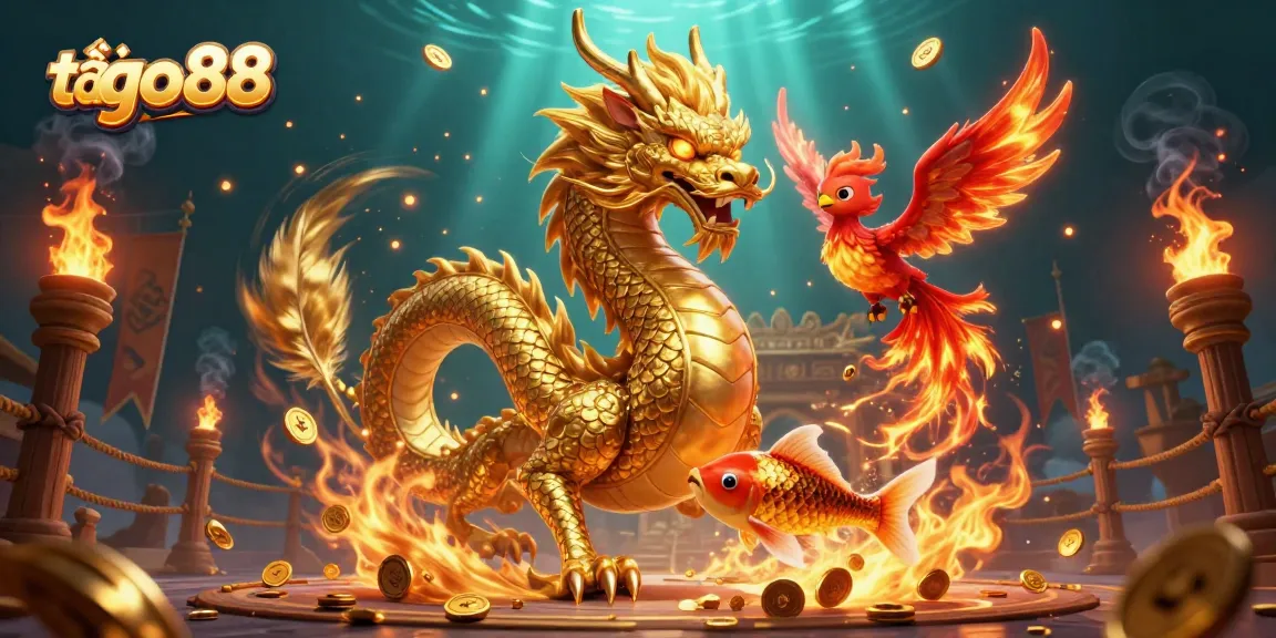 Play exciting games at tải go88 with golden dragon, phoenix, and koi in a vibrant 3D casino setting.