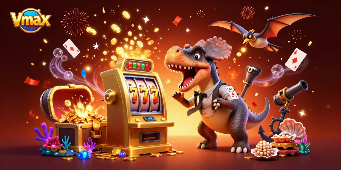 Vmax slot machine jackpot illustration featuring dynamic casino elements and characters celebrating wins