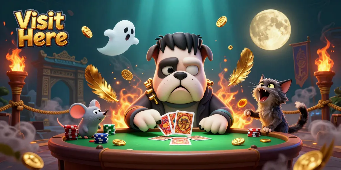 Join the fun at Visit Here, where a Frankenstein bulldog dealer and ghost mouse enchant players in a vibrant casino