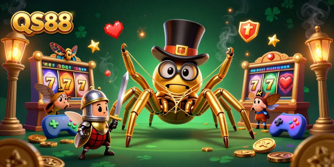 Engage in thrilling gameplay at QS88 featuring a golden tarantula and a brave beetle knight in a dazzling casino.