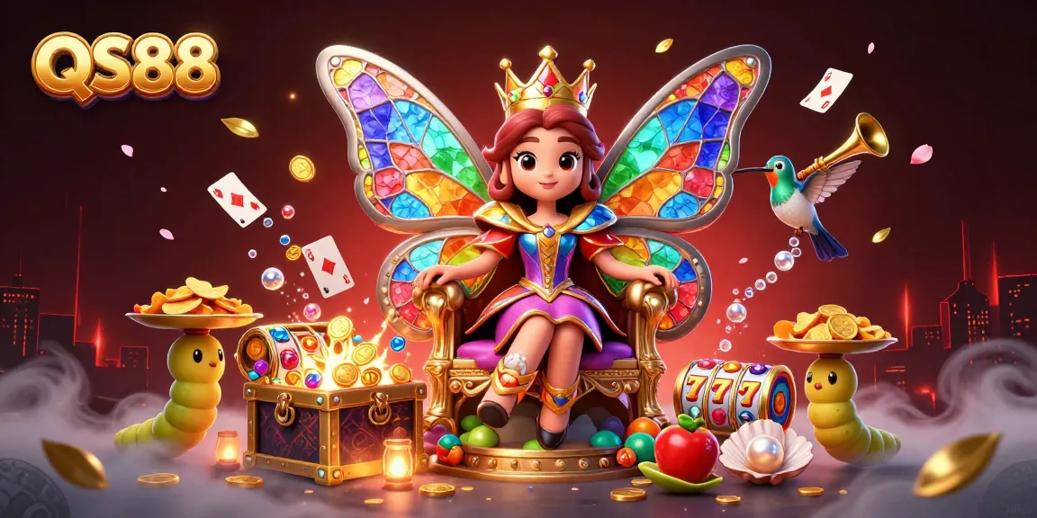QS88 showcases a vibrant casino scene with a butterfly queen, chips, and slot game elements.
