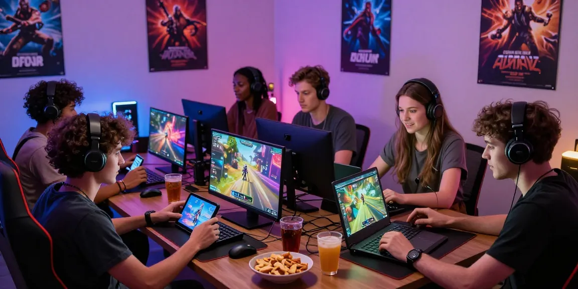 Grup teman bermain terjun4d dengan berbagai perangkat di ruang gaming yang penuh warna.