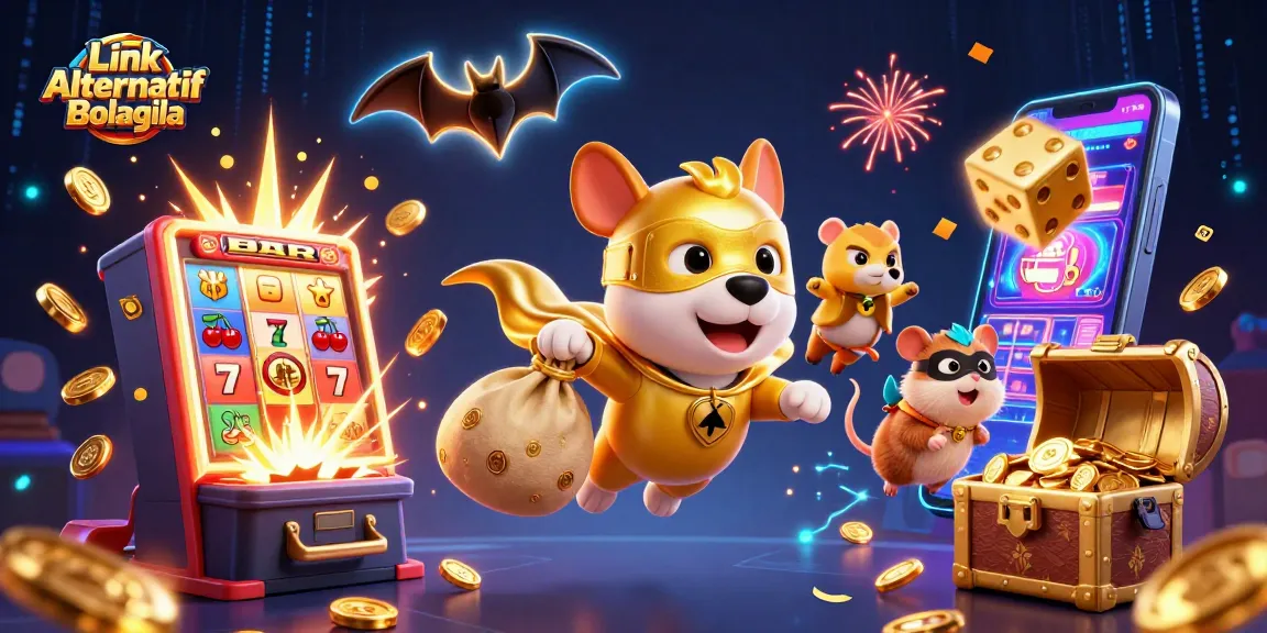 Link Alternatif Bolagila hadir dalam ilustrasi kasino yang menarik, dengan superhero anjing terbang dan simbol poker chip.