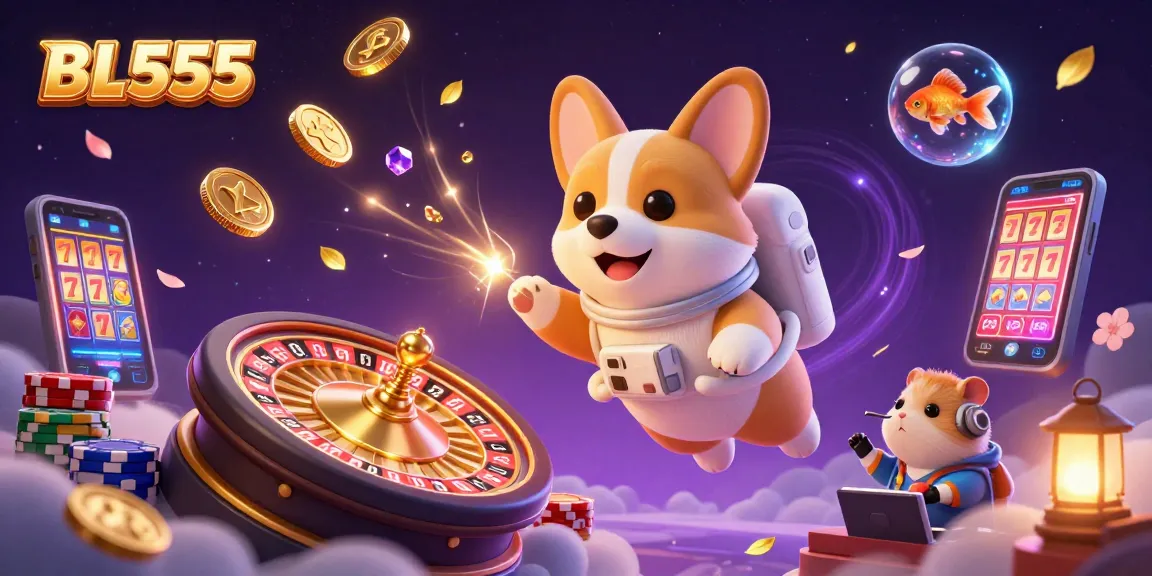 Engage with BL555's thrilling world of online gaming featuring vibrant 3D characters and dynamic casino elements.