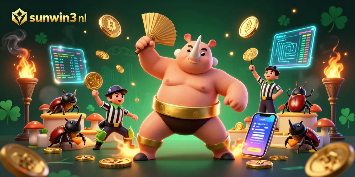 Win at sunwin3 nl with a 3D beetle sumo champion amidst flying coins and crypto elements.