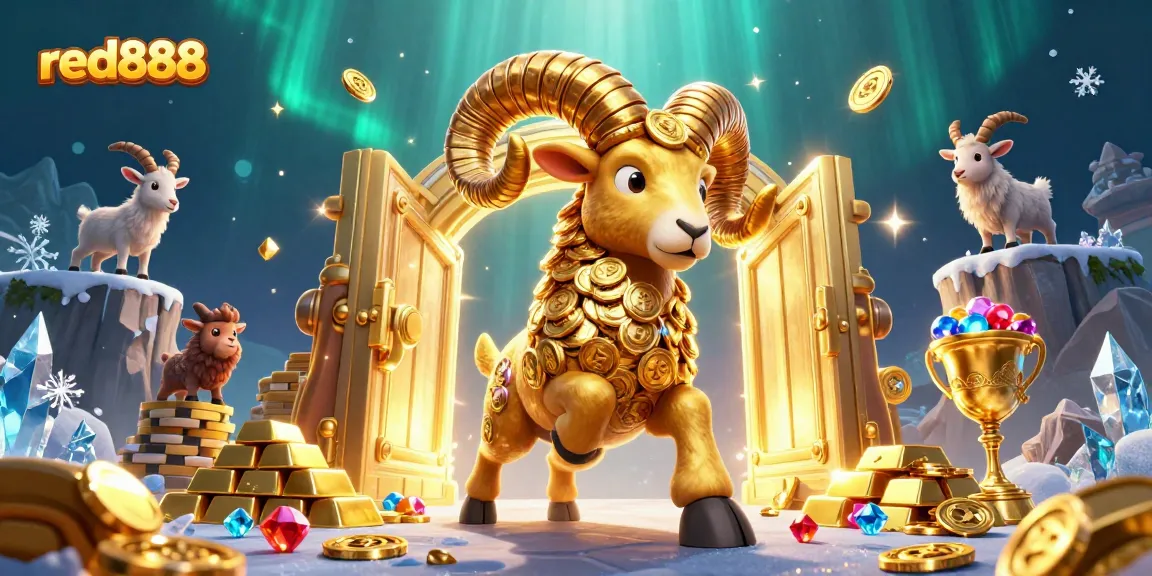 Experience the thrill of gaming with red888, featuring a playful golden ram amidst treasures.