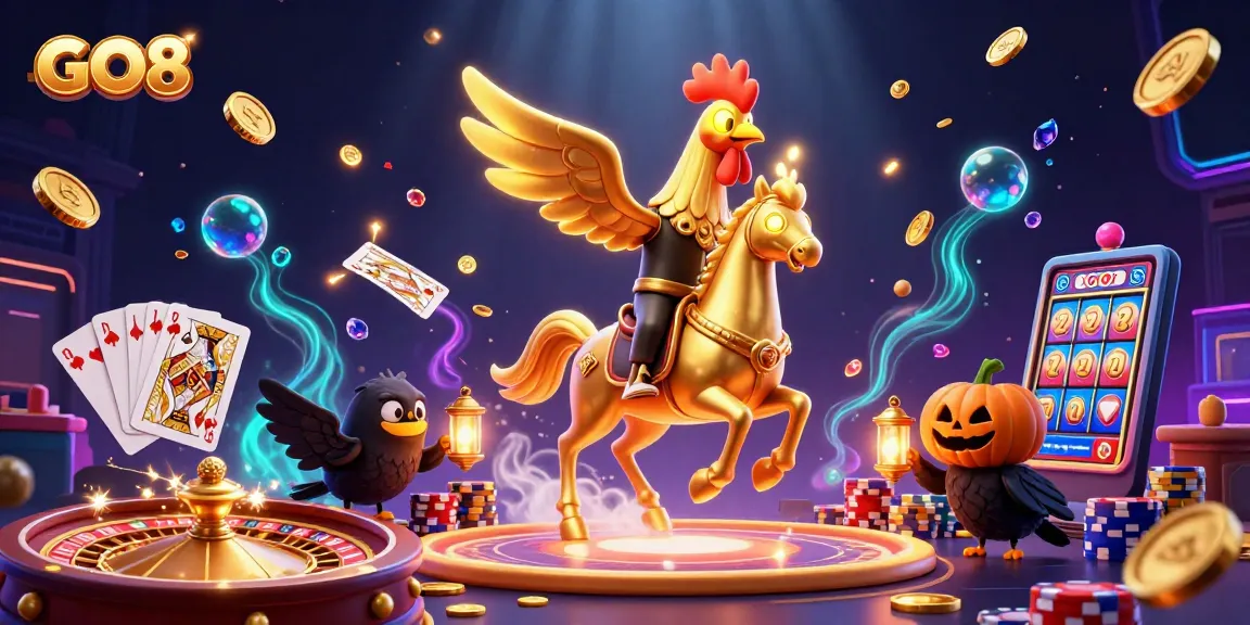 Gameplay featuring GO8's golden rooster character amidst dazzling casino elements