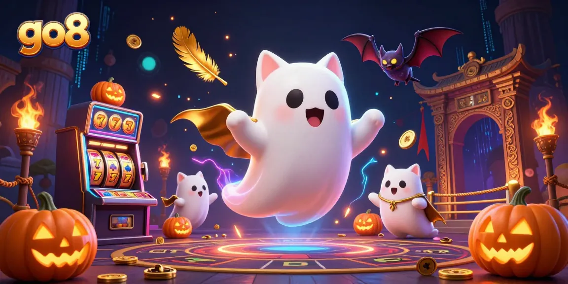 go8 showcases a friendly ghost cat and vampire bat in a vibrant haunted casino with dynamic slot elements.