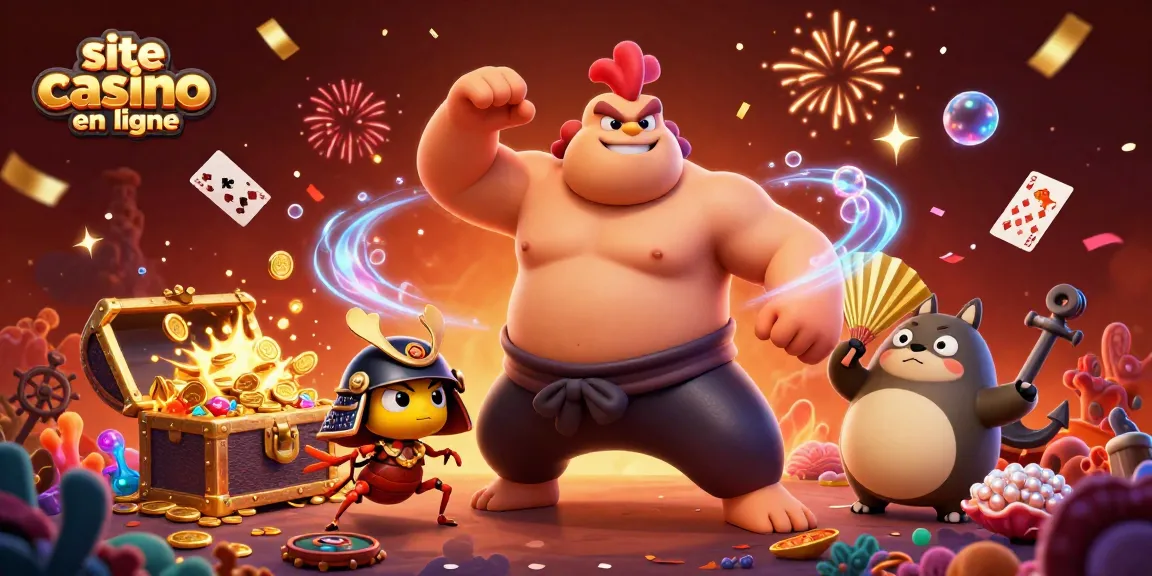 Illustration dynamique d'un site de casino en ligne avec un poulet sumo et un criquet samouraï.