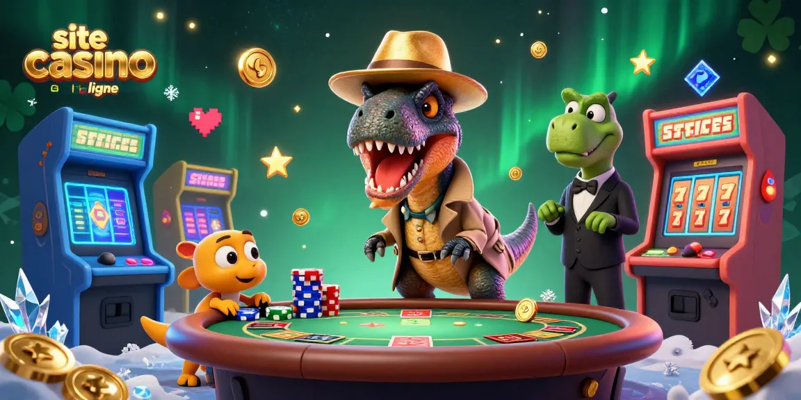 Illustration de jeu de casino en ligne avec un velociraptor et un stegosaurus, ambiance dynamique.