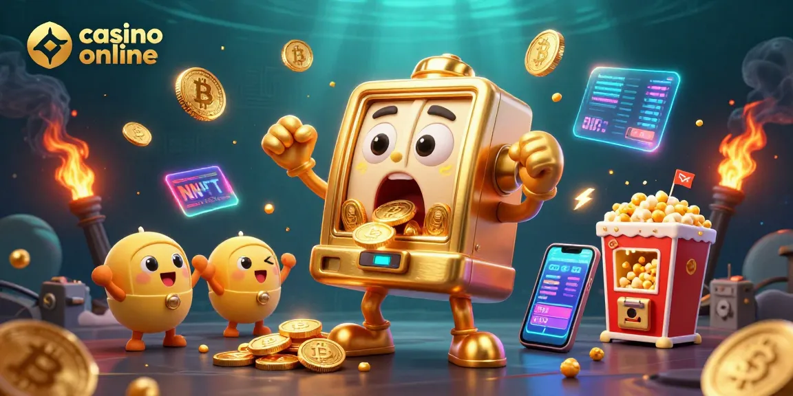 Prikaz igre casino online: zlati igralni avtomat doživlja jackpot z otoki in kripto simboli.