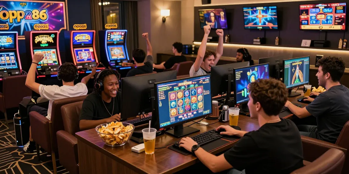 Exciting gaming experience at oppa86 with players enjoying premium slot games in a vibrant lounge.