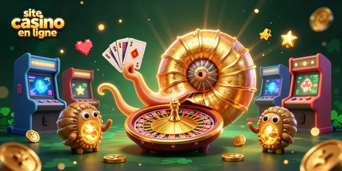 Découvrez notre illustration fascinante sur un site casino en ligne avec un nautilus géant et des jeux lumineux.
