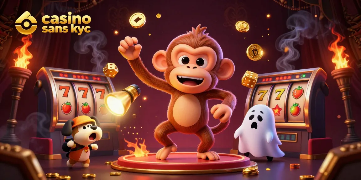 Jouez à casino en ligne sans kyc avec ce singe farceur et son chiot chasseur, entourés de symboles de jackpot.