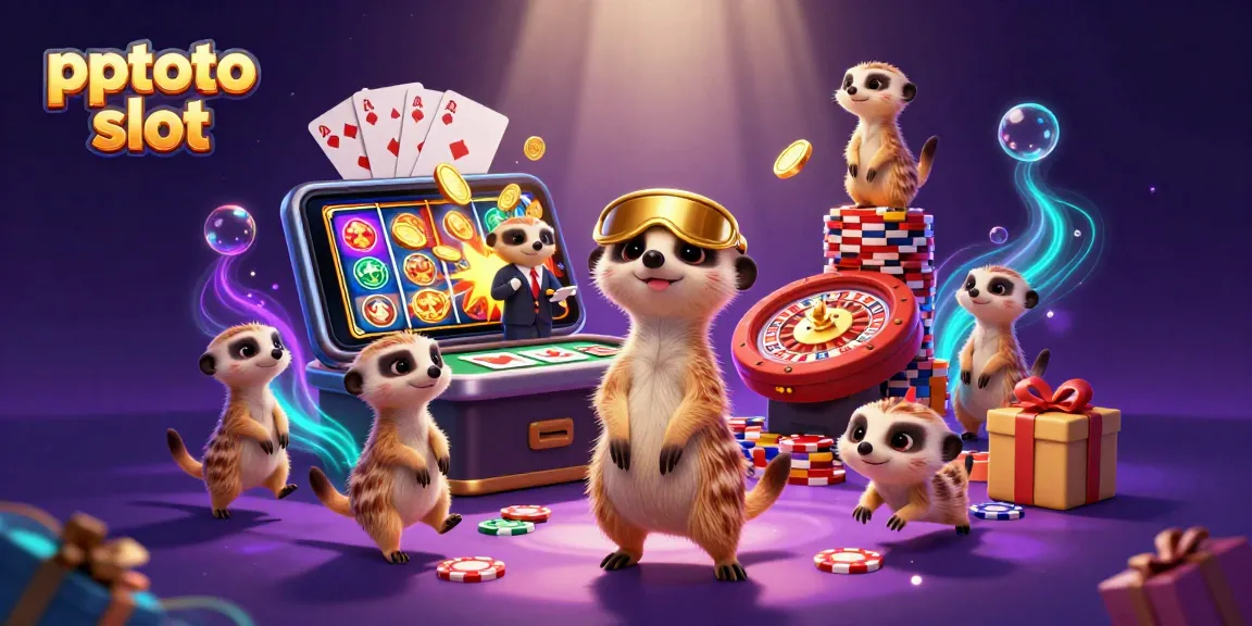 Immerse in thrilling pptoto slot action with playful meerkats running a busy casino operation.