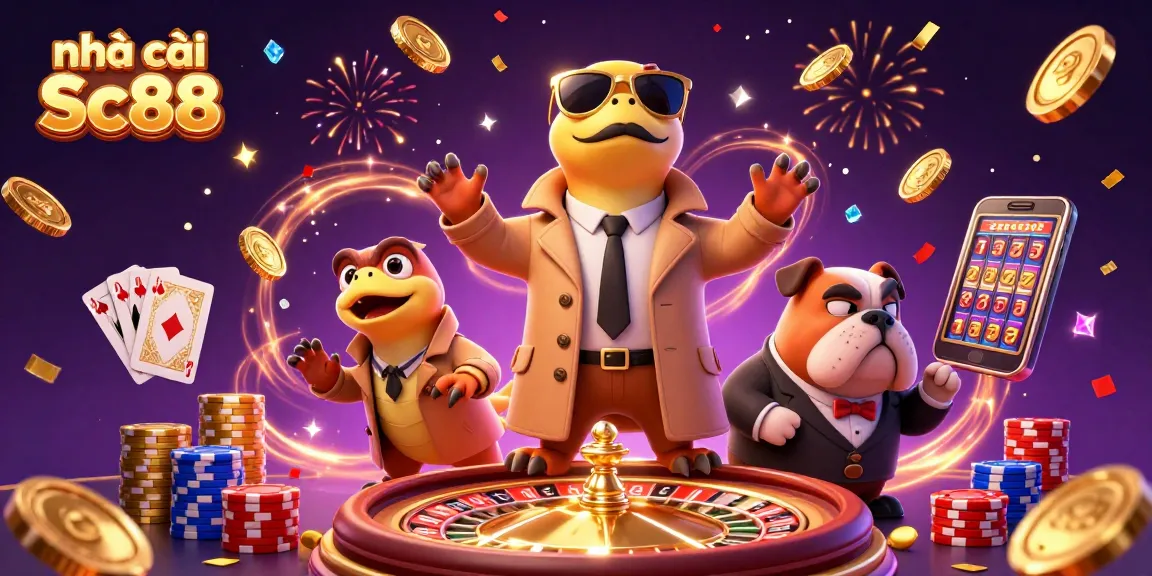 Three raptors in a trench coat enter a VIP lounge at nhà cái Sc88, surrounded by casino elements.