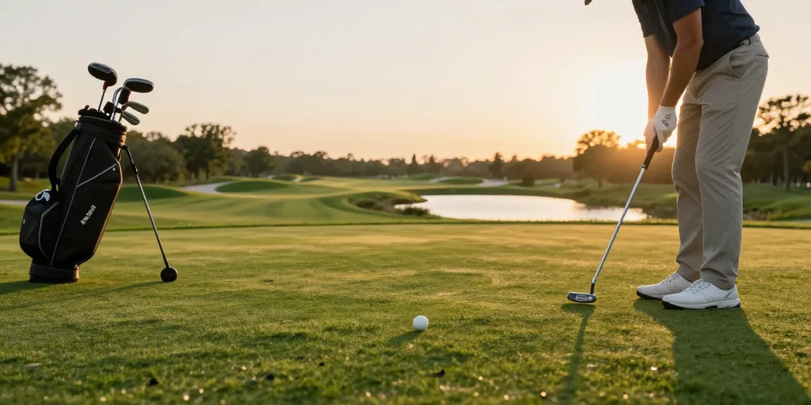 Golfer menggunakan putter NAGA2000 di lapangan golf saat matahari terbenam, https://puttperfection.com/putter-reviews memberikan penilaian mendalam.