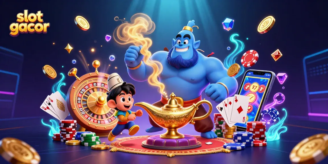 Experience slot gacor excitement with a powerful genie and vibrant casino elements in this imaginative illustration.