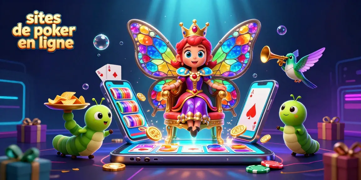 Découvrez les sites de poker en ligne avec cette illustration vibrante de jeux de cartes animés et de jetons, illustrant le plaisir des paris.