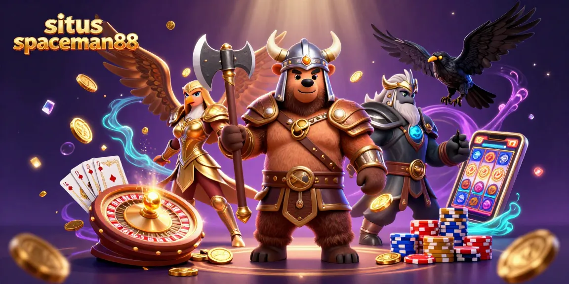 Engage with situs spaceman88 as golden coins and slot machine reels explode around a Viking bear and Valkyrie.
