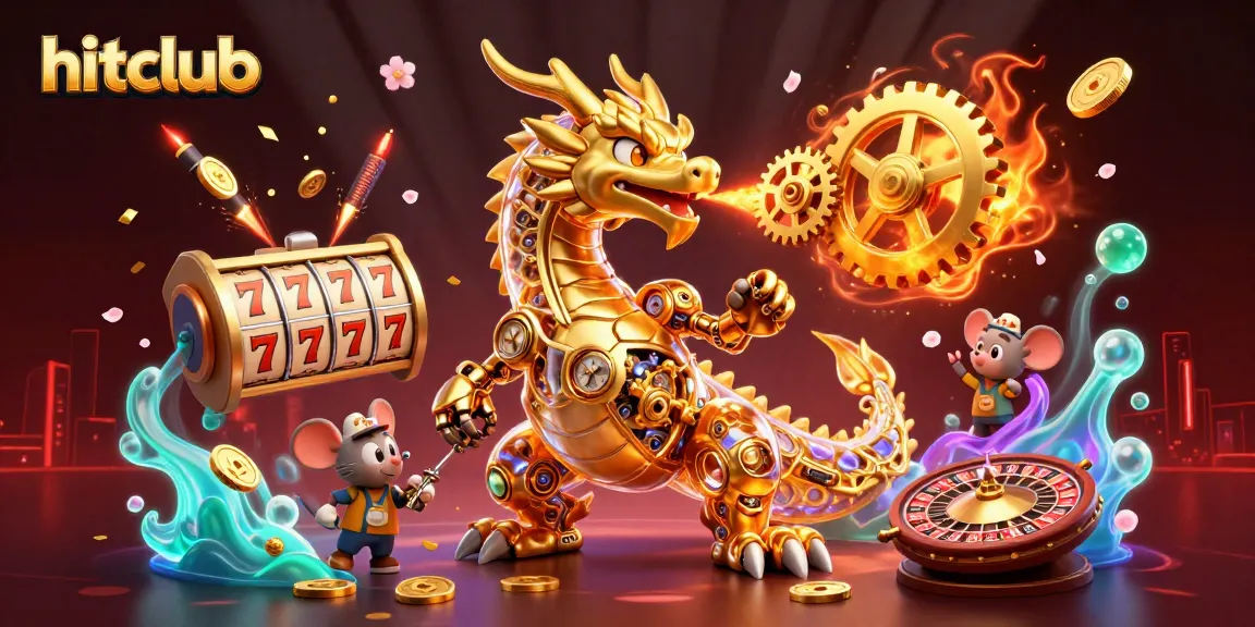 Win big at hitclub with this 3D illustration showcasing a captivating casino scene featuring a mechanical dragon, slot games, and vibrant fireworks.
