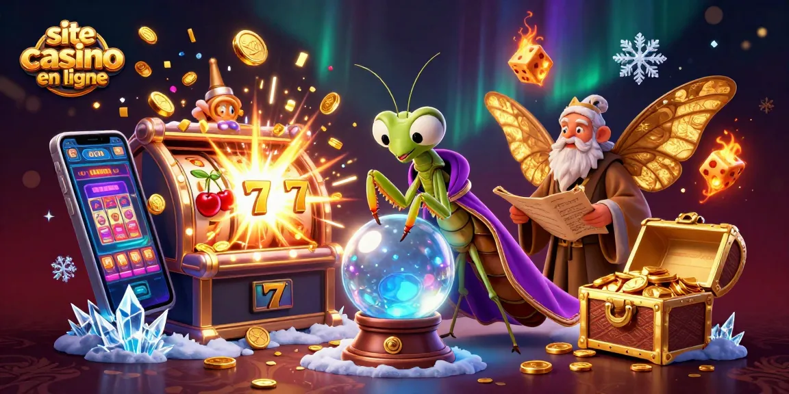 Illustration dynamique de site casino en ligne avec des personnages mystiques et des jeux de machines à sous.