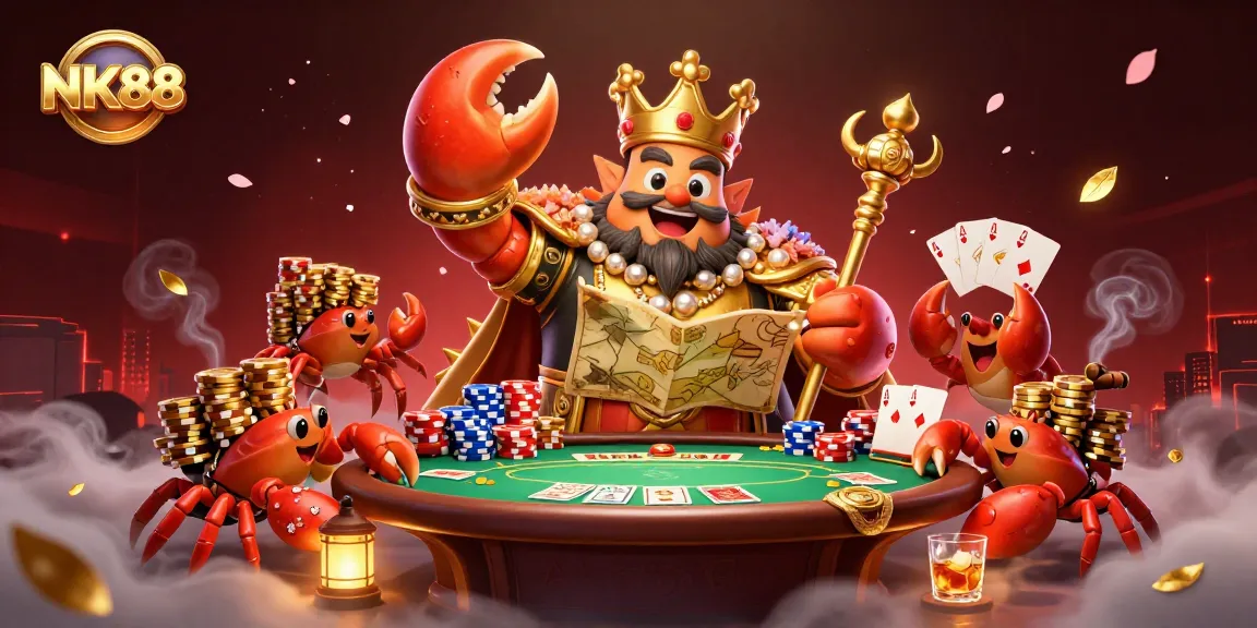 Engage with NK88's dynamic casino scene featuring a golden crab emperor amidst thrilling poker elements.
