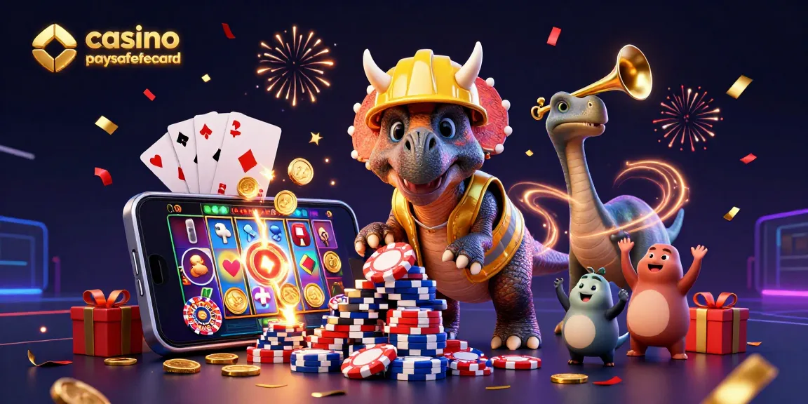 Jouez au casino en ligne paysafecard avec une illustration dynamique de triceratops et parasaurolophus entourés de jeux.