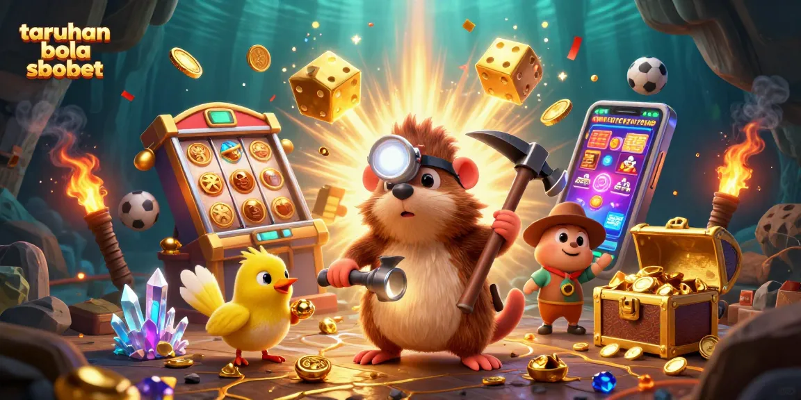 Bet on taruhan bola sbobet with an engaging illustration of a treasure hunter mole and vibrant casino elements.