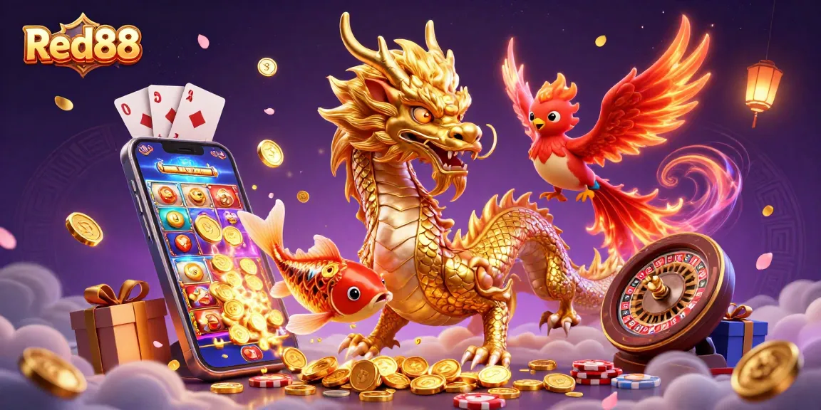 Engage with Red88's thrilling gaming experience featuring a vibrant 3D illustration of a dragon and phoenix.