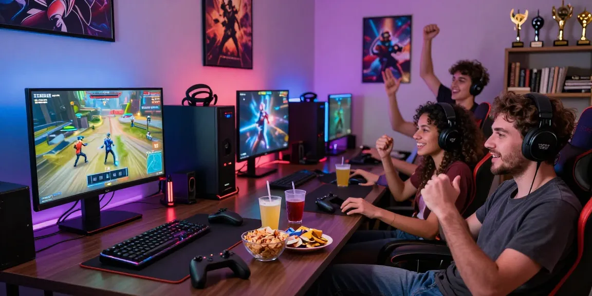 A lively gaming session showcasing friends on indocair platform, immersing in digital games with snacks and vibrant atmosphere.