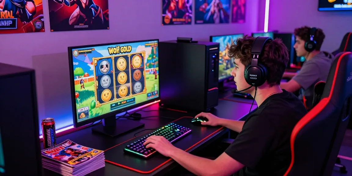 Engaged gamer playing Wolf Gold slot online with vibrant gaming setup.