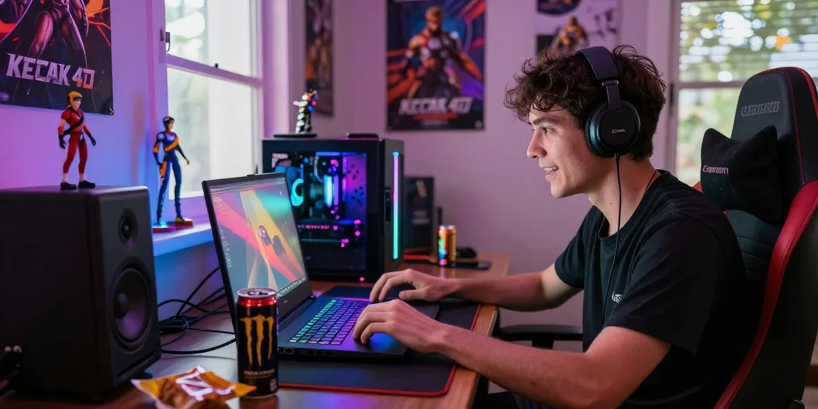 Gamer immersed in a kecak4d gaming session at home with vibrant decor and snacks.