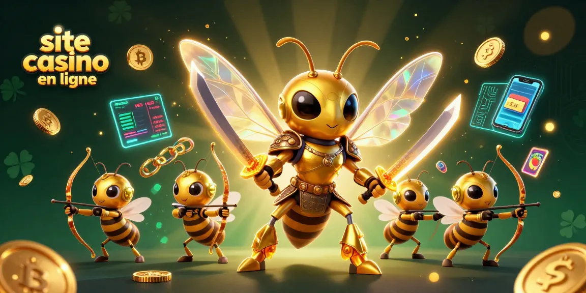 Découvrez le site casino en ligne avec une illustration 3D d'un hornet samouraï entouré de pièces de cryptomonnaie.