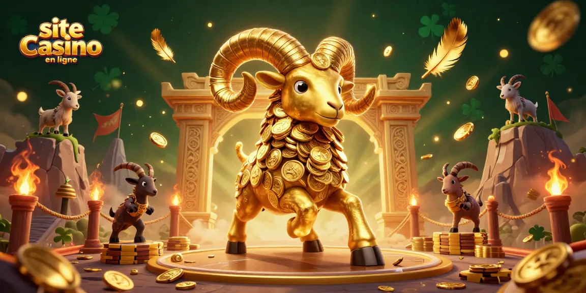 Illustrer le site de casino en ligne avec un bélier doré et des éléments de jeu animés.