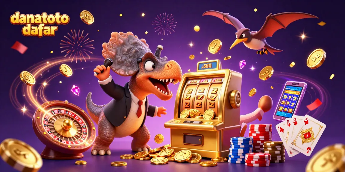 Danatoto daftar: Cartoon dinosaurs celebrating a jackpot win with golden coins and slot machines in a vibrant casino.