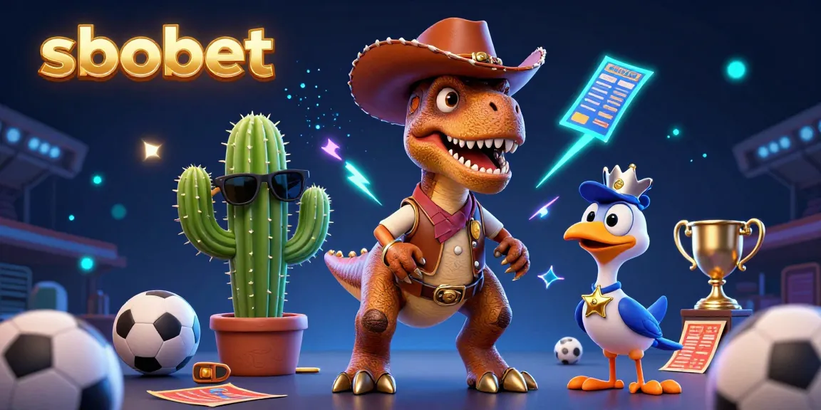 Experience sbobet sports betting excitement with vibrant characters, trophies, and neon effects.